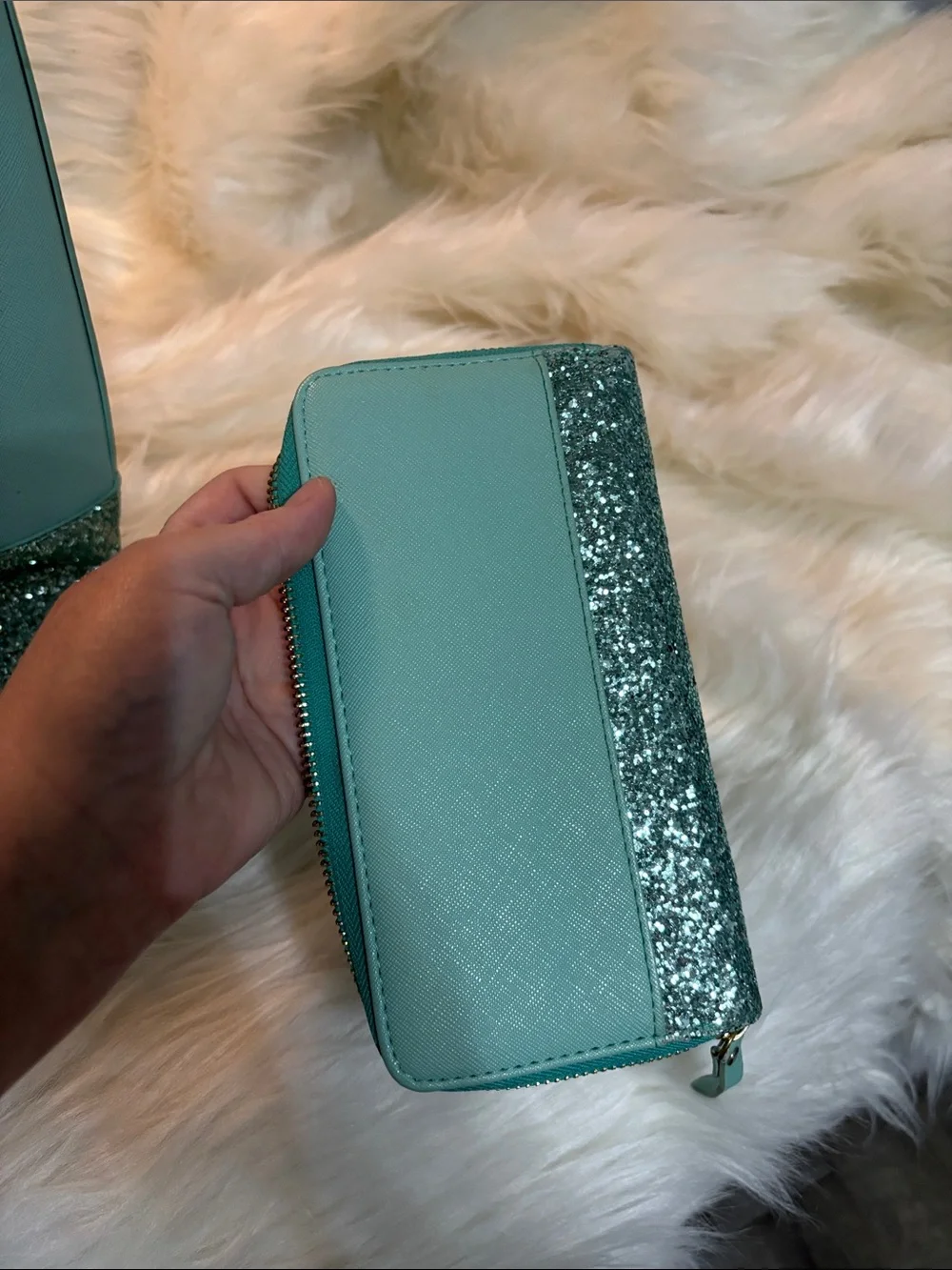 kate spade mint green tote with glitter trim and matching wallet